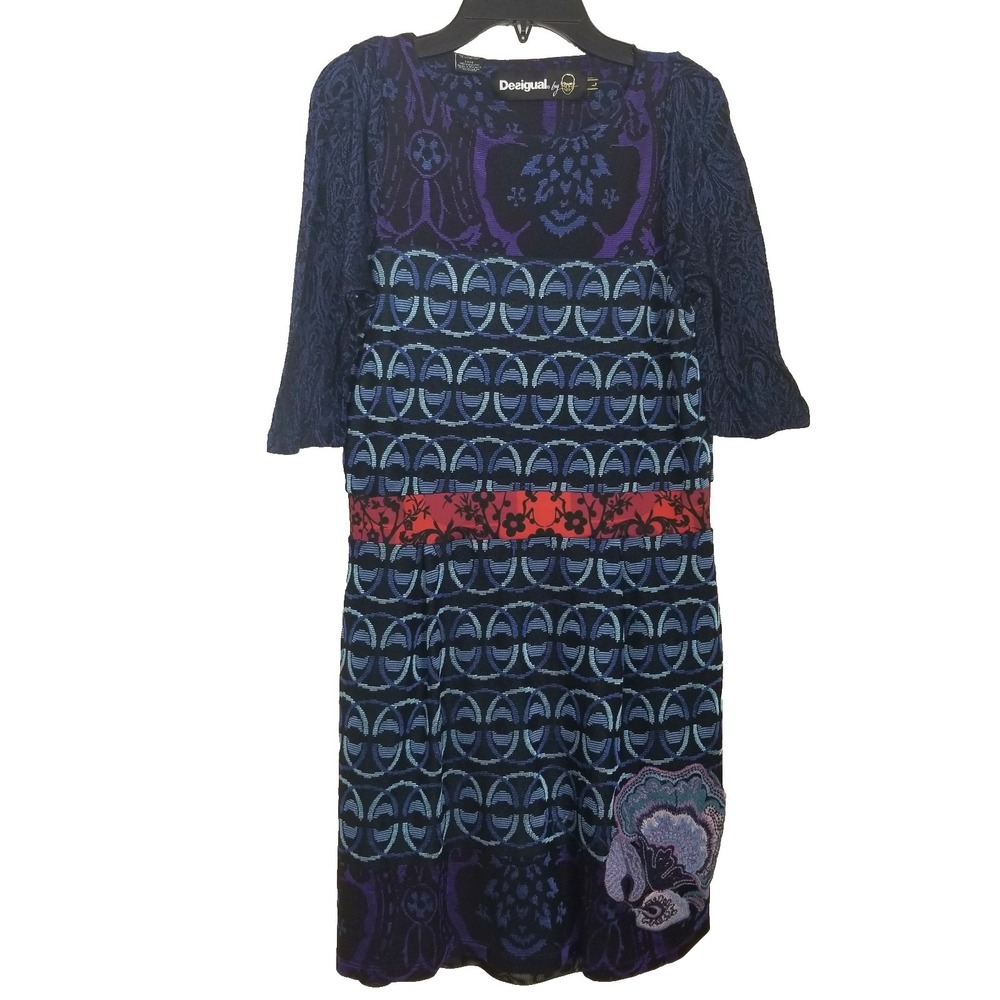 Desigual Asymmetrical Dress in Navy, Blue & Red Accent
